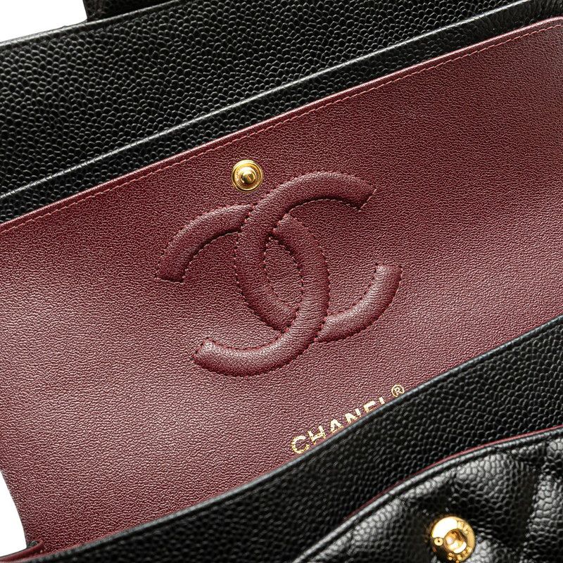 Chanel Matelasse 25 Coco Mark Double Flap Chain Shoulder Bag Black Caviar Skin