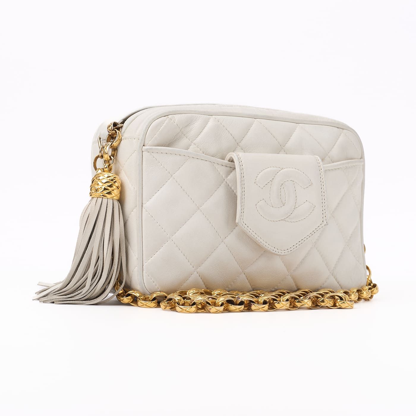 Chanel Matelasse Coco Mark With Fringe Bijoux Chain Shoulder Lambskin White