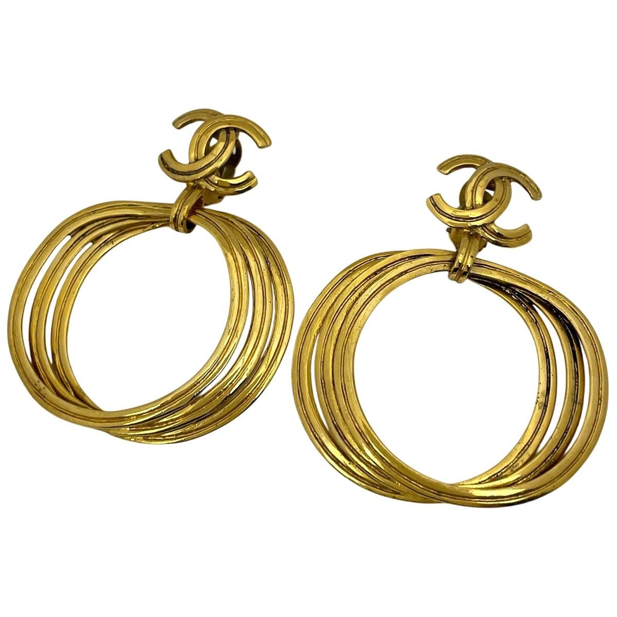 Chanel CC Logo Earrings Swing Large Gold Plated