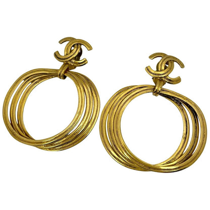 Chanel CC Logo Earrings Swing Large Gold Plated