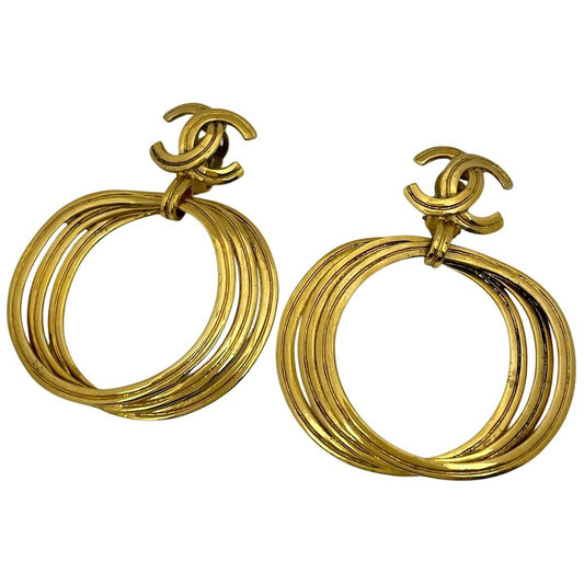 Chanel CC Logo Earrings Swing Large Gold Plated
