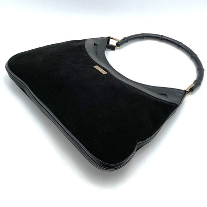 Gucci 001 4062 Shoulder Bag Bamboo Black Suede Leather Fashion Women
