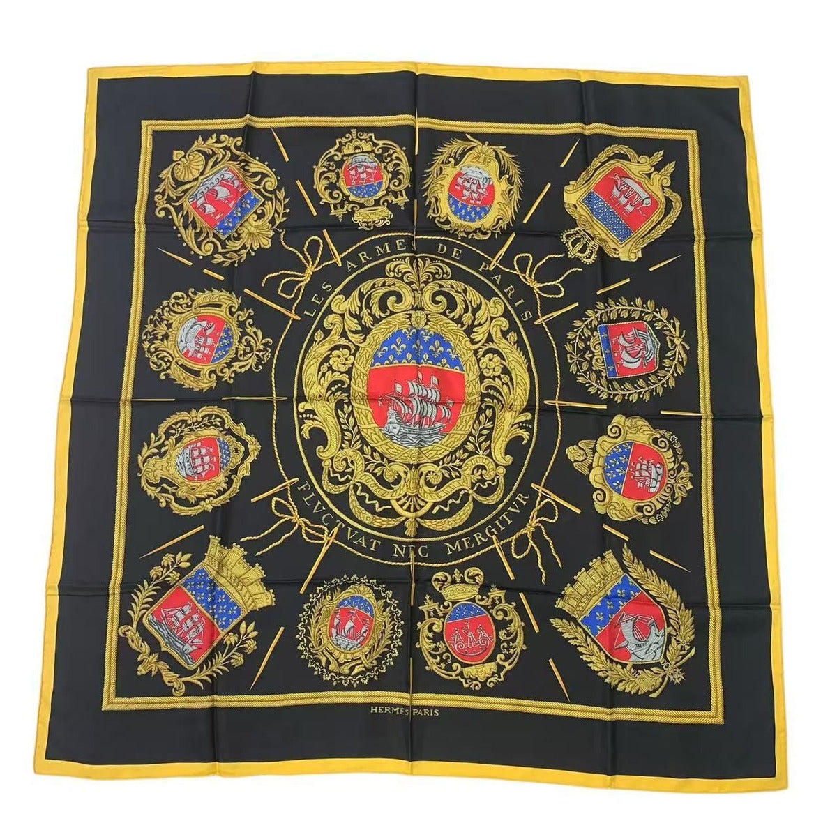 Hermes Carre 90 les Armes de Paris Coat of Arms Scarf Silk Black