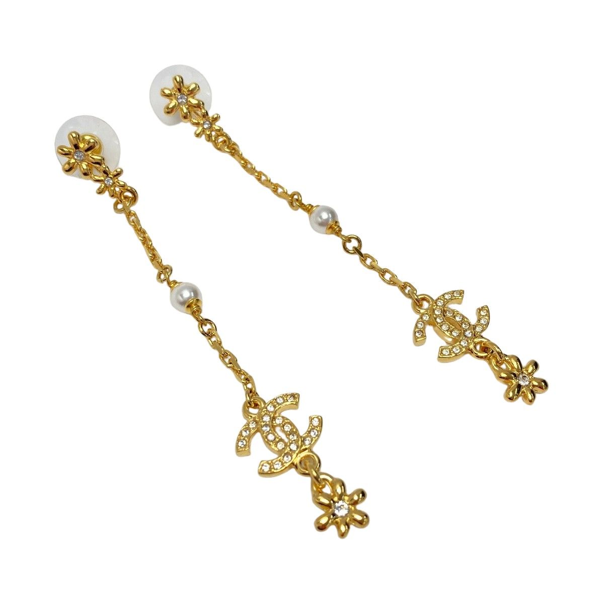 Chanel Cocomark Flower Long Earrings I23a Gold Fake Pearl Rhinestone