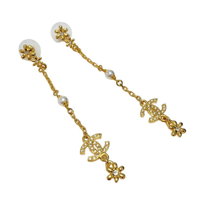 Chanel Cocomark Flower Long Earrings I23a Gold Fake Pearl Rhinestone
