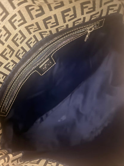 Fendi Mamma Zucca Bucket Baguette Navy Tan Flap Bag Purse Tote FF