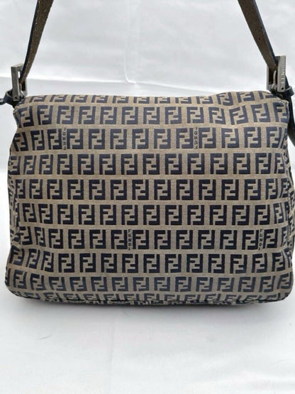 Fendi Mamma Zucca Bucket Baguette Navy Tan Flap Bag Purse Tote FF
