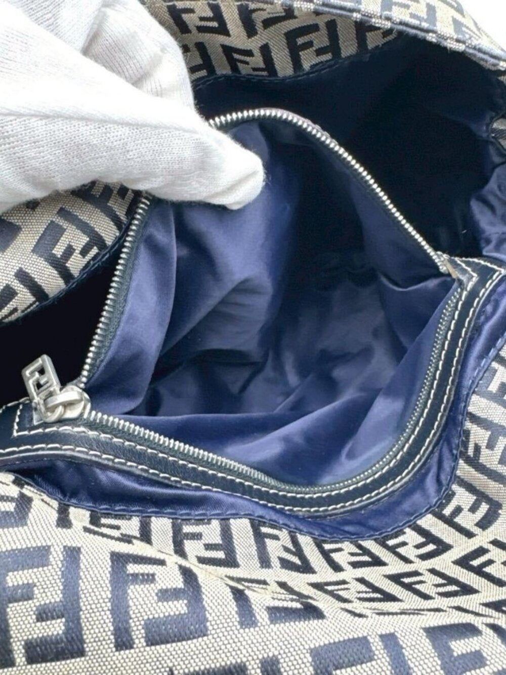 Fendi Mamma Zucca Bucket Baguette Navy Tan Flap Bag Purse Tote FF