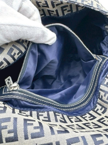 Fendi Mamma Zucca Bucket Baguette Navy Tan Flap Bag Purse Tote FF