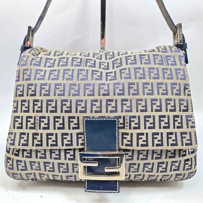 Fendi Mamma Zucca Bucket Baguette Navy Tan Flap Bag Purse Tote FF