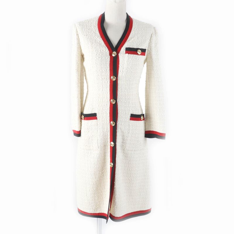 Gucci 19SS 551562 Webline V-neck Tweed Long Dress With GG Buttons Off-white 36
