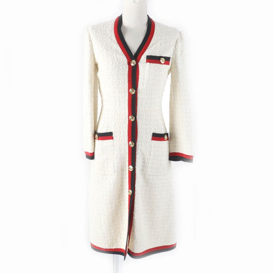 Gucci 19SS 551562 Webline V-neck Tweed Long Dress With GG Buttons Off-white 36