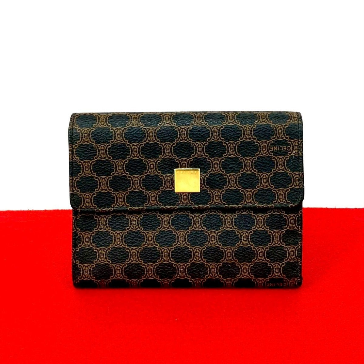 Celine Vintage Macadam Blason Logo Pattern Leather Trifold Wallet Mini Black X Brown