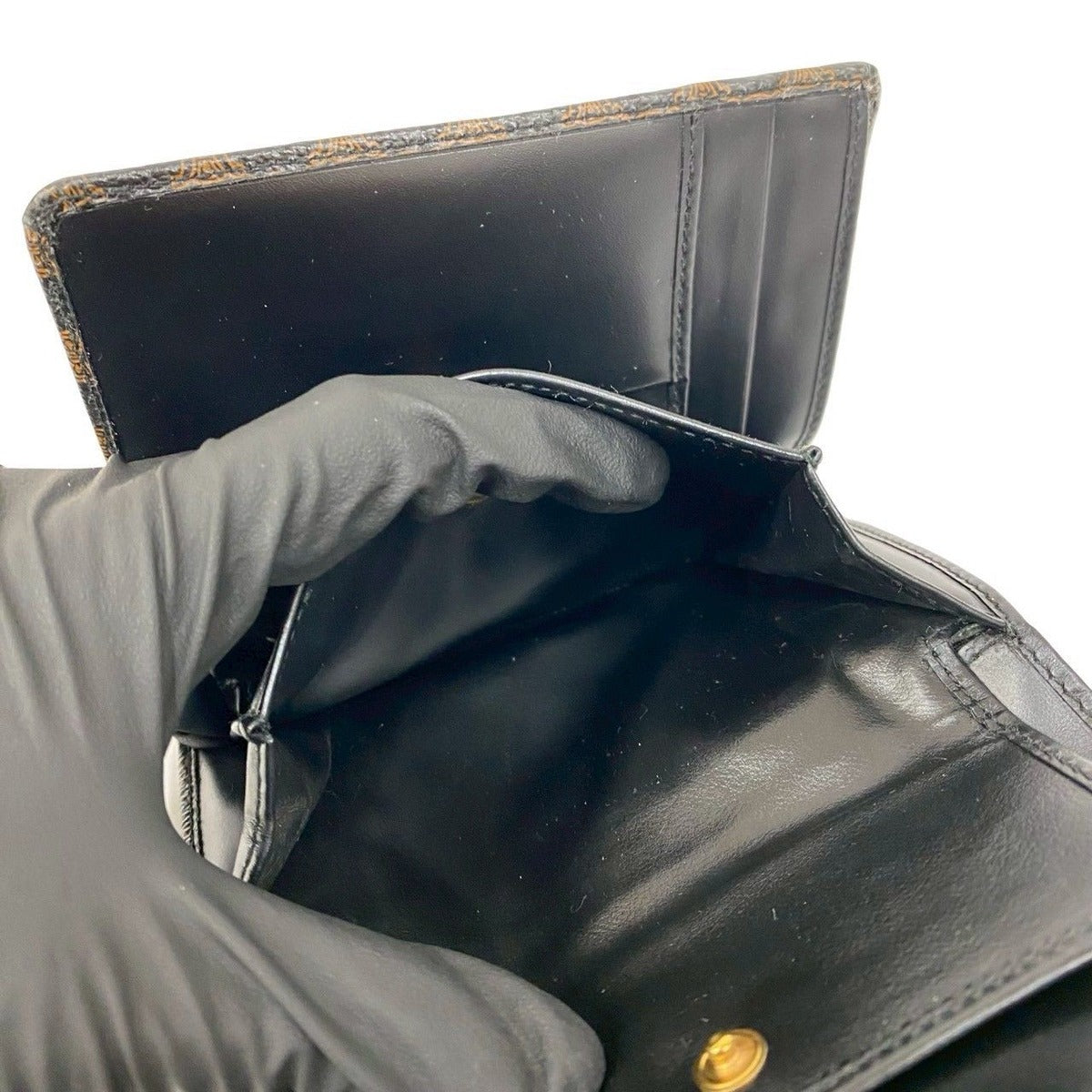 Celine Vintage Macadam Blason Logo Pattern Leather Trifold Wallet Mini Black X Brown — view 10