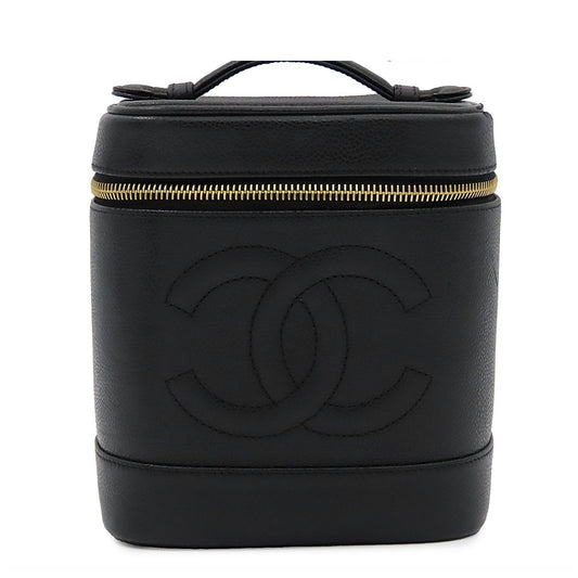 Chanel Vanity Bag Black Gold Caviar Leather CC Logo Handbag