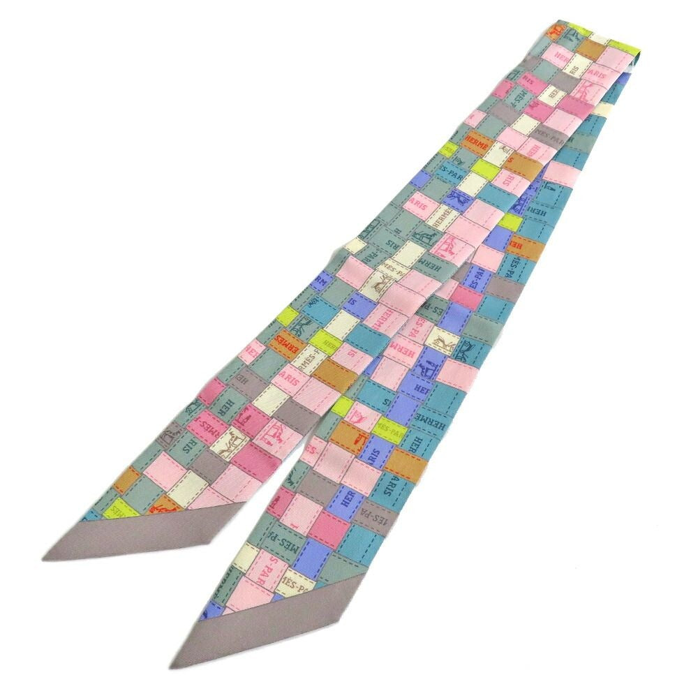 Hermes Twilly Bolduc Check Silk Gray Multicolor Pastel