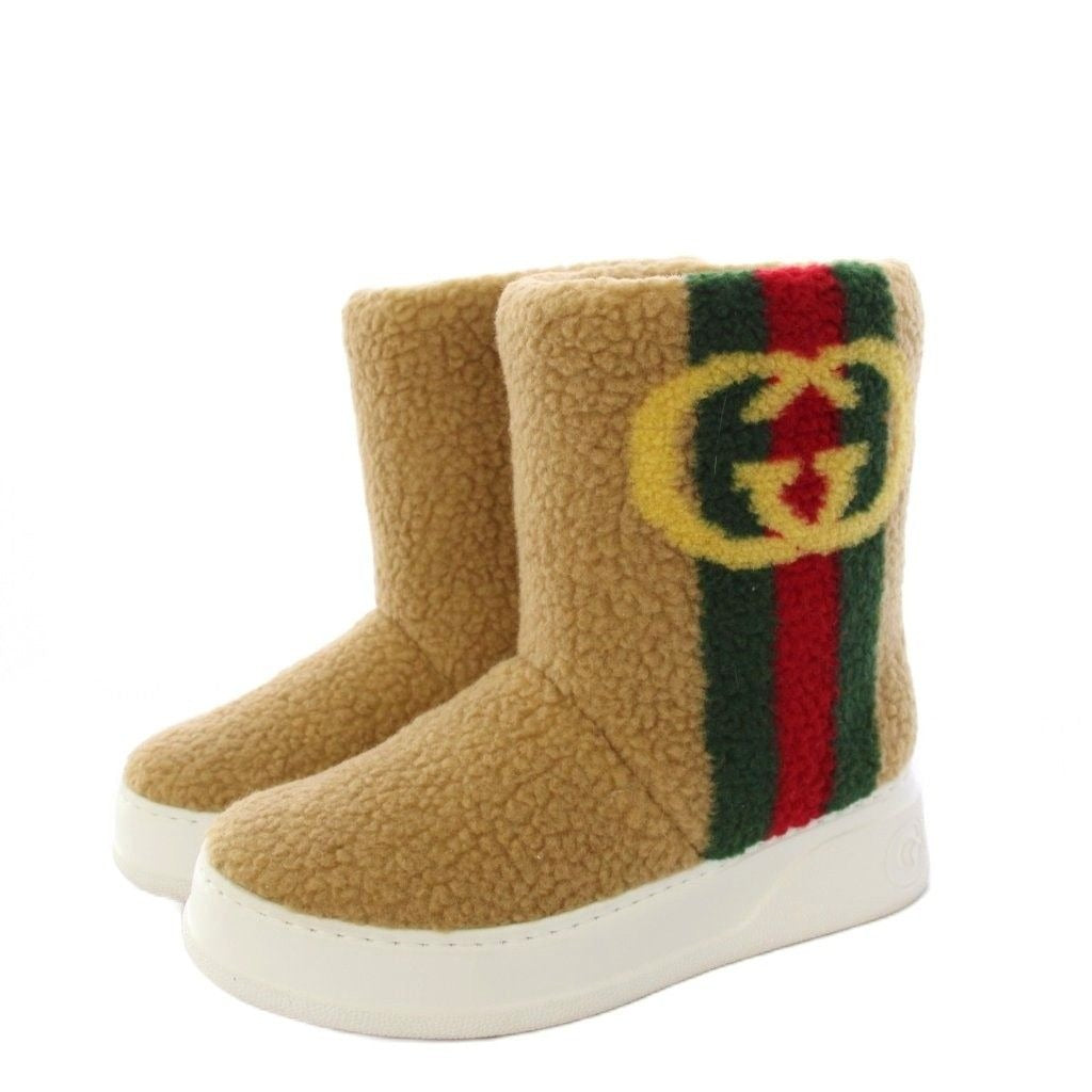 Gucci Shearling Boots Short Length Interlocking Sherry Line 35 Beige Heel