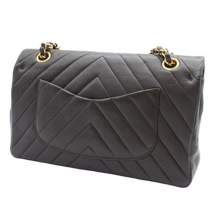 Chanel Chain Shoulder Bag Brown Gold Lambskin Stitch Chevron Double Flap 25 — view 2