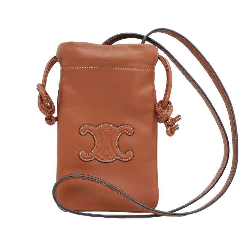 Celine Drawstring Mobile Pouch Shoulder Bag Cuill Triomphe Tan Brown