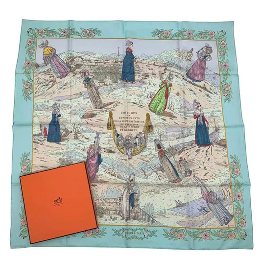 Hermes Carre 90 Scarf Silk Costumes Normandy Folk Costume Green Box