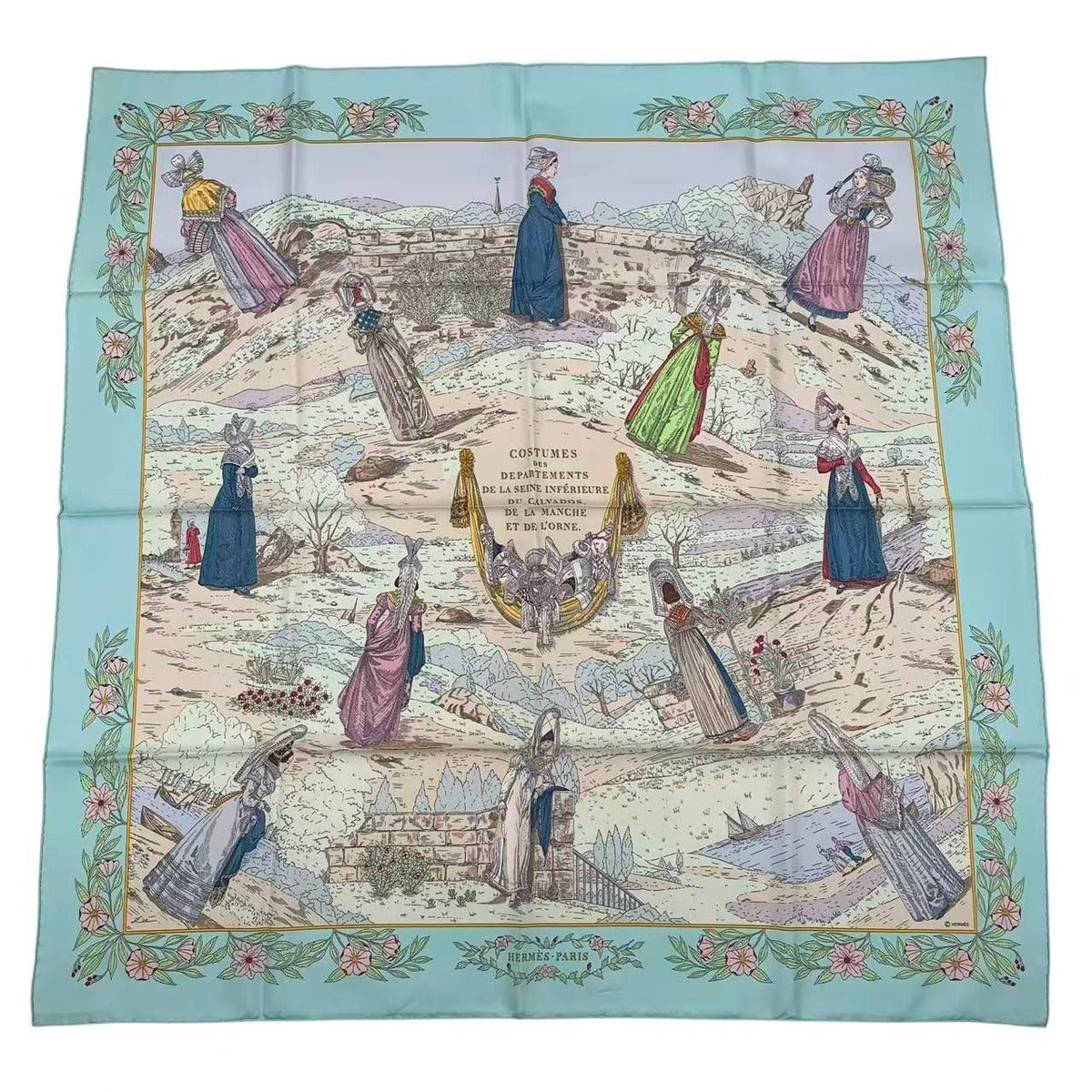 Hermes Carre 90 Scarf Silk Costumes Normandy Folk Costume Green Box — view 2