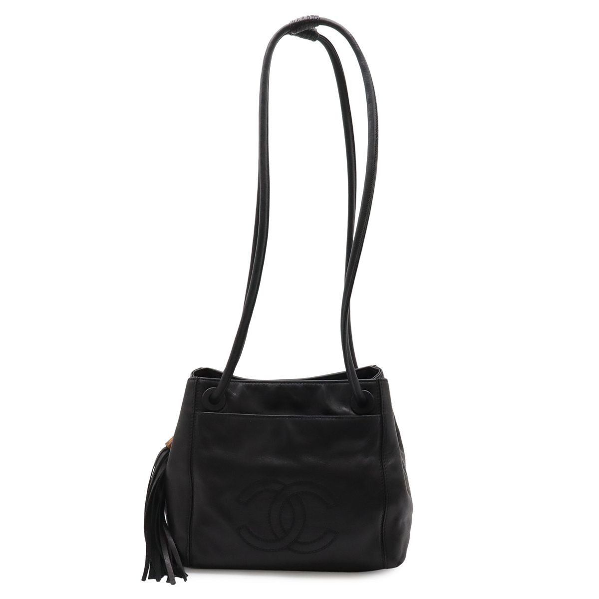 Chanel CC Logo Tassel Fringe Shoulder Bag Semi Leather Black