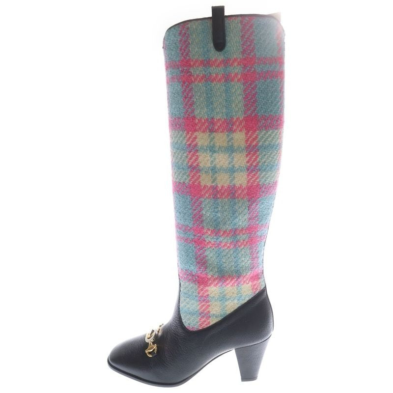 Gucci Interlocking G Hosebit Leather Plaid Tweed Cut Replacement Heel Side Zip