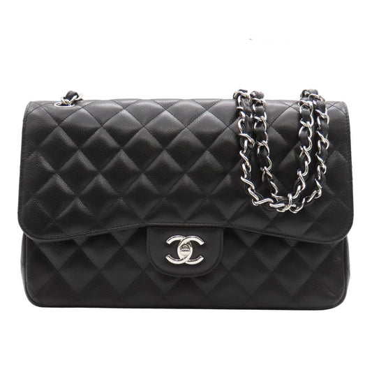 Chanel Chain Shoulder Bag Maxi Quilted 30 Double Flap Black Silver Caviar