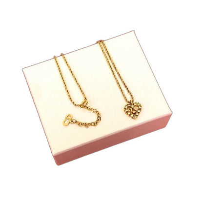 Dior Christian Logo Heart Motif Rhinestone Chain Necklace Pendant Gold