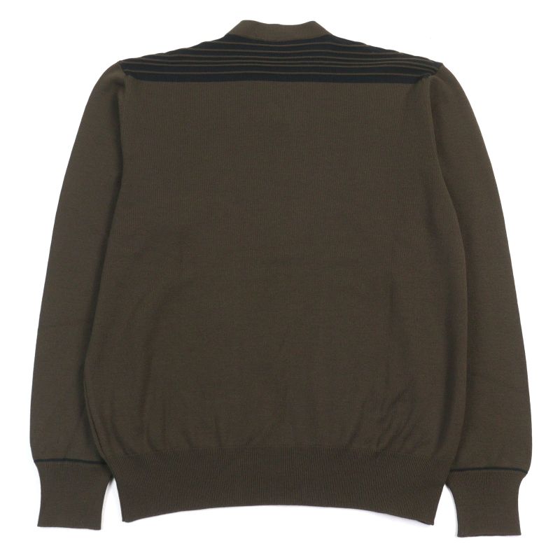 Hermes 100% Wool V-neck Bicolor Shoulder Border Pattern Knit Sweater Khaki