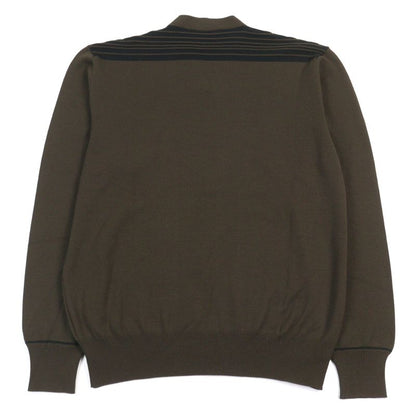 Hermes 100% Wool V-neck Bicolor Shoulder Border Pattern Knit Sweater Khaki