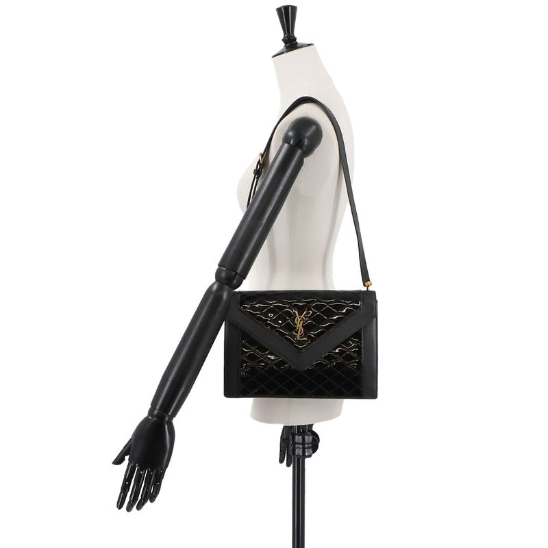 Saint Laurent Gaby Shoulder Bag Enamel Leather Black 695503 Gold Hardware Gaby