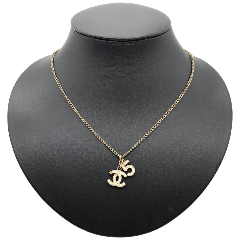 Chanel No5 Coco Mark Necklace Metal Gold Faux Pearl Ladies