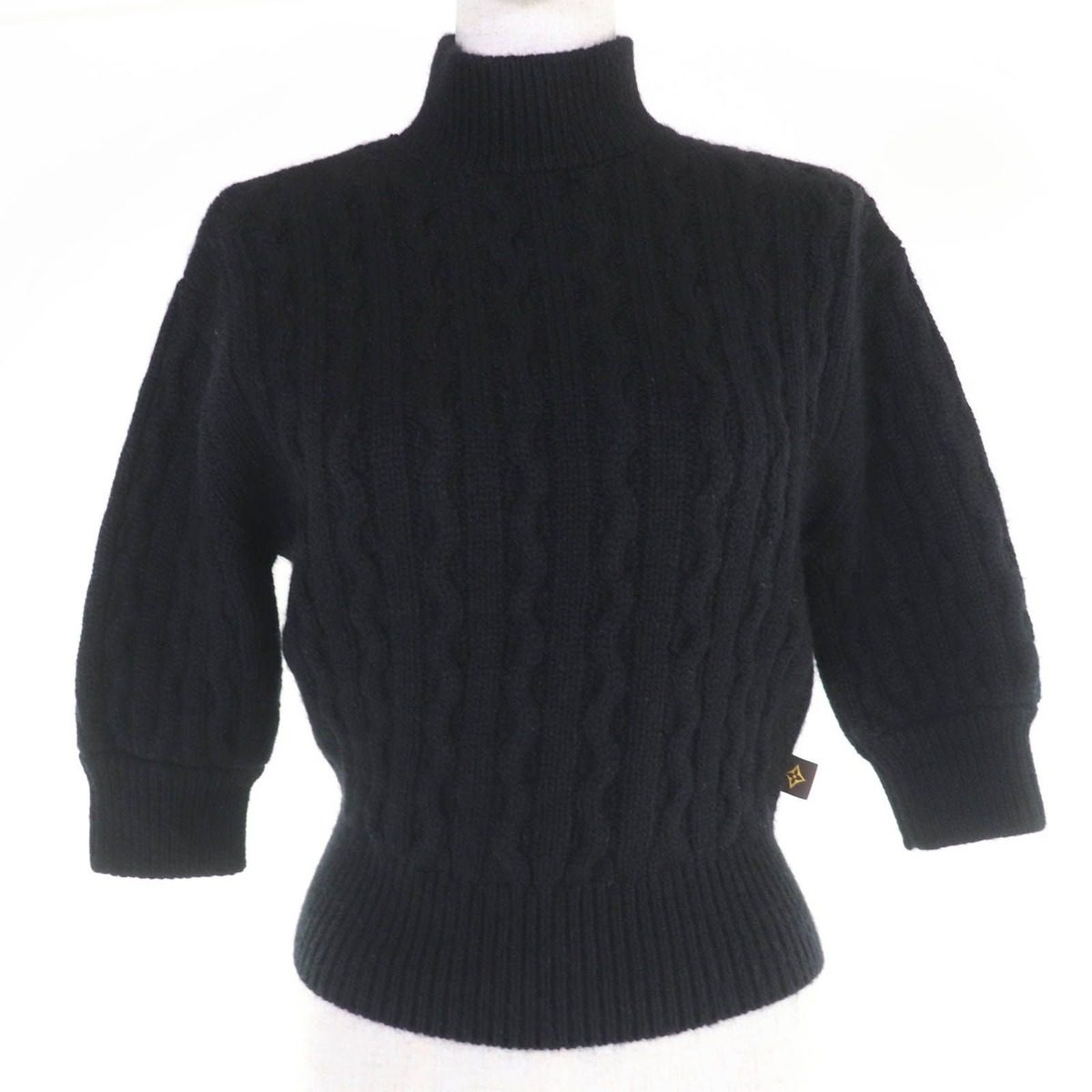 Louis Vuitton Cashmere Mohair High Neck 3/4 Sleeves Cable Knit Black Sweater