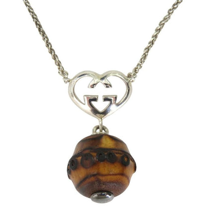 Gucci Interlocking G Heart Pendant Necklace Silver 925 Wooden Bamboo 0530