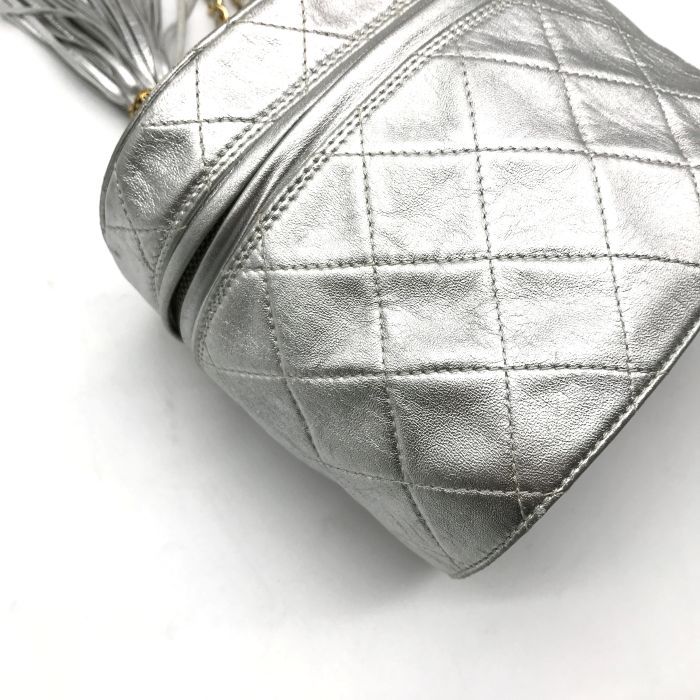 Chanel CC Logo Quilted Chain Shoulder Bag with Fringe Vanity Silver Leather