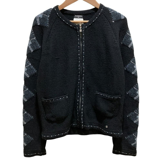 Chanel CC Logo Cashmere Blend Zip Knit Cardigan 38 Black