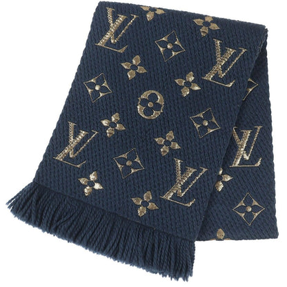 Louis Vuitton Echarpe Logo Mania Shine Wool Silk Fringe Scarf Navy Gold