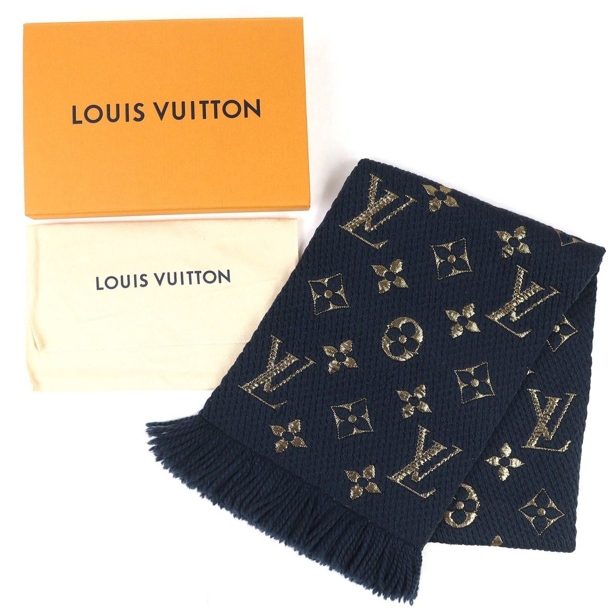 Louis Vuitton Echarpe Logo Mania Shine Wool Silk Fringe Scarf Navy Gold — view 2