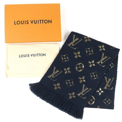 Louis Vuitton Echarpe Logo Mania Shine Wool Silk Fringe Scarf Navy Gold — view 2