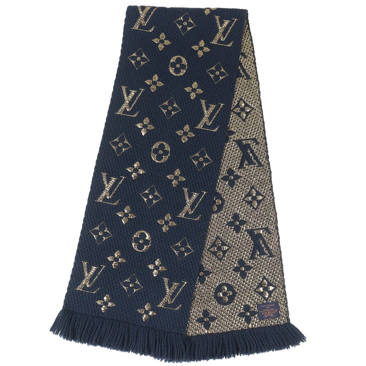 Louis Vuitton Echarpe Logo Mania Shine Wool Silk Fringe Scarf Navy Gold — view 3