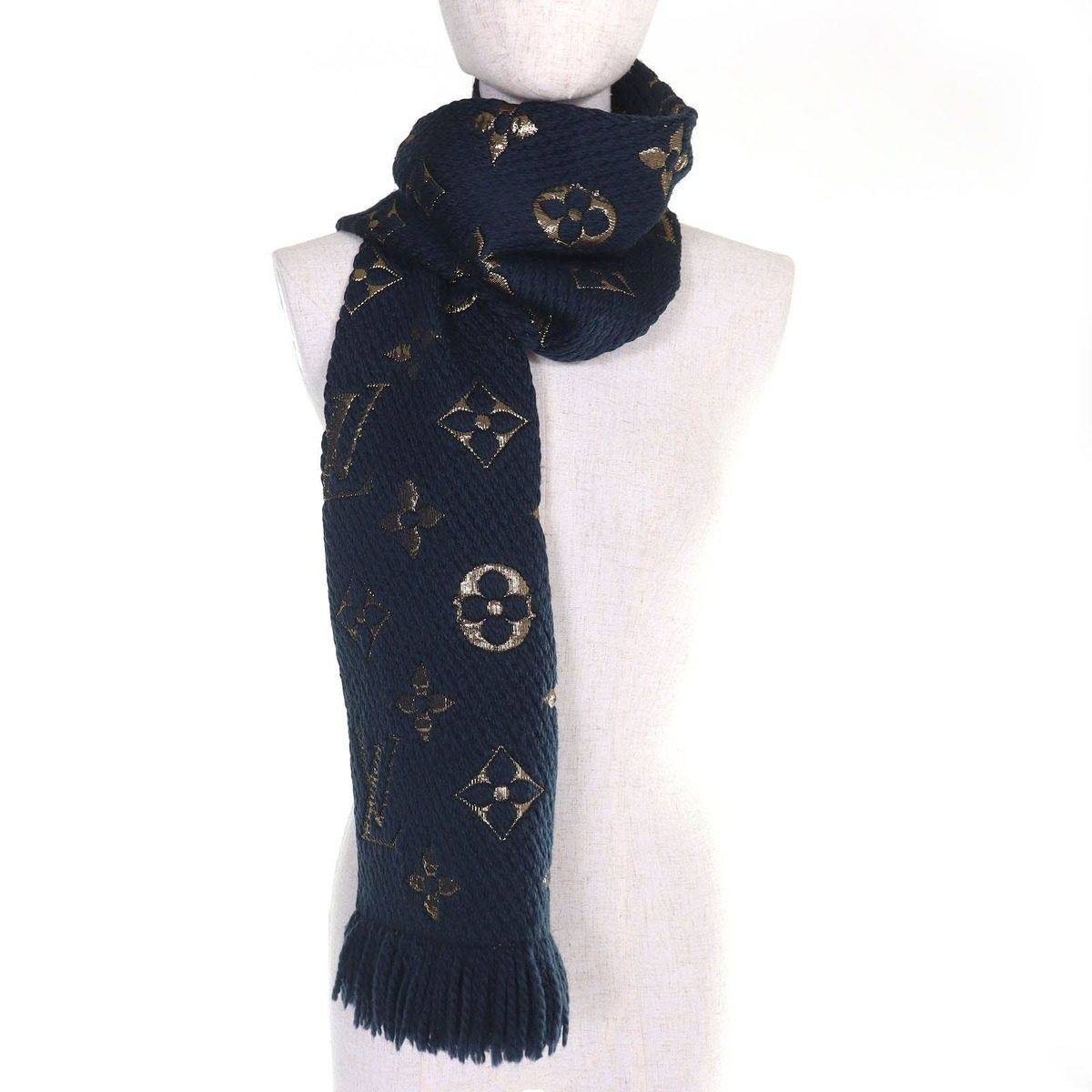 Louis Vuitton Echarpe Logo Mania Shine Wool Silk Fringe Scarf Navy Gold — view 4