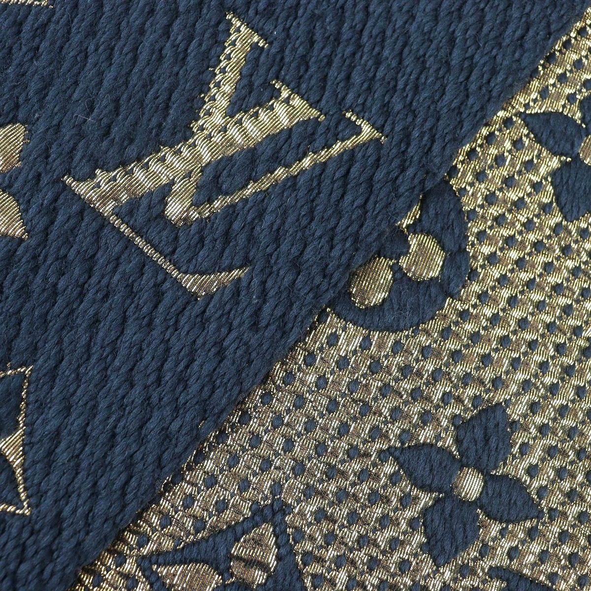 Louis Vuitton Echarpe Logo Mania Shine Wool Silk Fringe Scarf Navy Gold — view 5