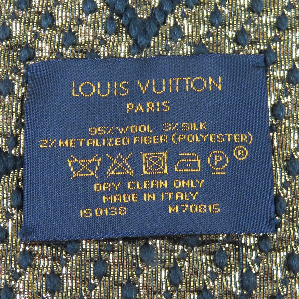 Louis Vuitton Echarpe Logo Mania Shine Wool Silk Fringe Scarf Navy Gold — view 7