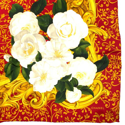 Chanel Camellia Silk Scarf Large Red X Gold X White
