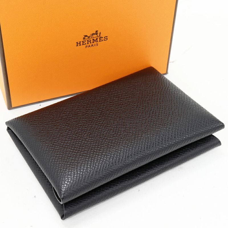 Hermes Coin Case Foldable Card Case Calvi Duo Epson Black Silver Hardware
