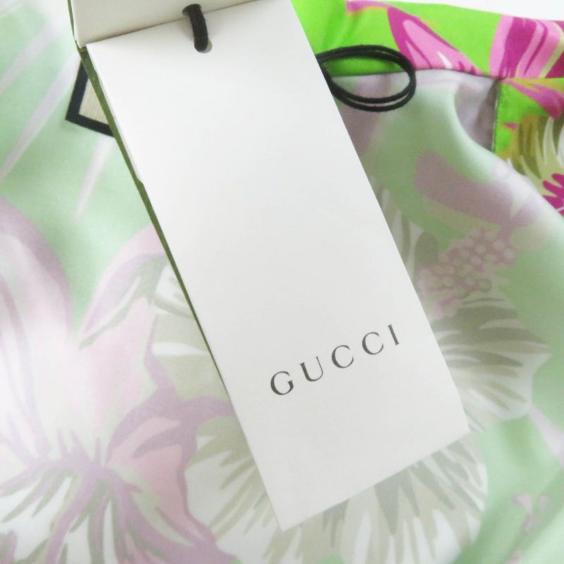 Gucci 22AW 694890 100% Silk Floral Print Short-sleeved Shirt Light Green Pink