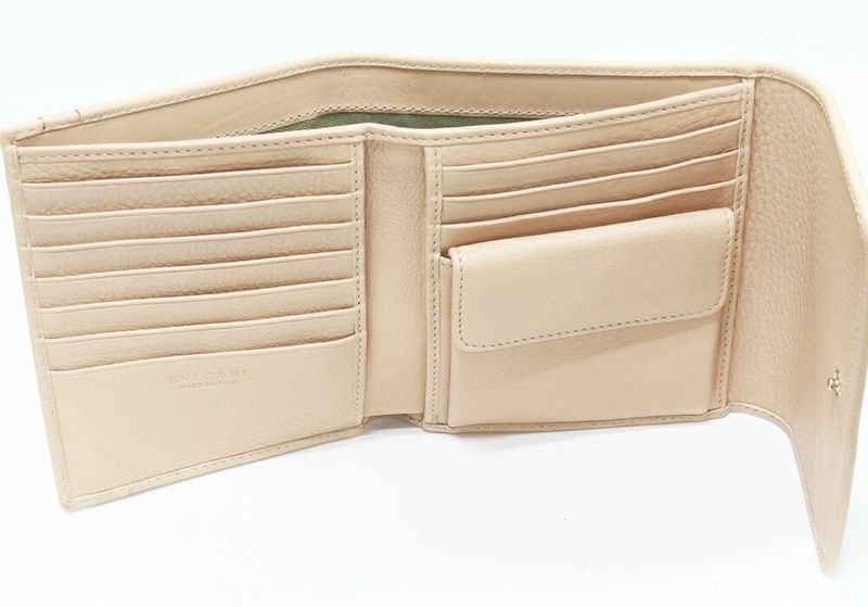 Bulgari Bifold Wallet With Coin Purse Trifold Wallet Monete Calf Beige 35225