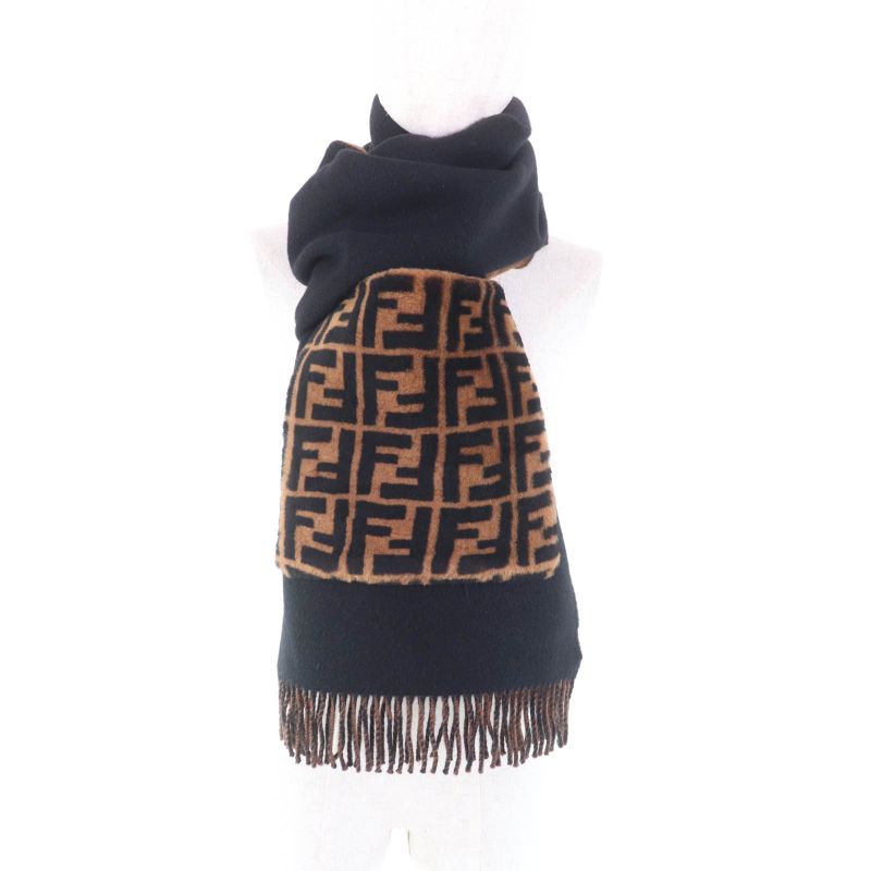 Fendi Fxt252 Cashmere Blend Zucca Pattern Fringe Scarf With Fur Pocket Stole
