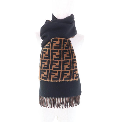 Fendi Fxt252 Cashmere Blend Zucca Pattern Fringe Scarf With Fur Pocket Stole